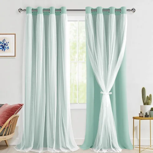Miniatura 87 de Hiasan Cortinas opacas con superposición transparente, aislamiento térmico para mezclar y combinar de doble capa, cortinas de oscurecimiento de Beige