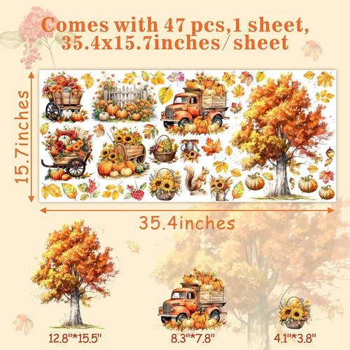 Miniatura 5 de Calcomanías de pared de árbol de arce, calcomanías de pared de otoño con hojas de otoño, calcomanías de pared de hojas de árbol amarillo