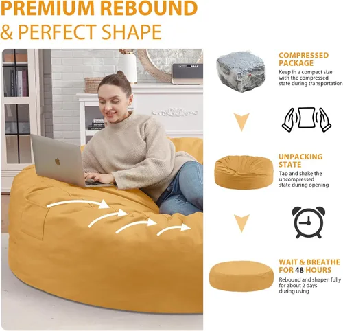 Miniatura 167 de Puf de 5 pies, puf grande con relleno de espuma viscoelástica, sofá puff esponjoso con funda de terciopelo holandés, puf redondo para sala de estar