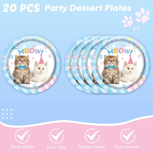 Miniatura 3 de Ryzovo Suministros para fiesta de cumpleaños de gato, 62 piezas de decoración de fiesta de gato y juego de vajilla - Decoración de fiesta