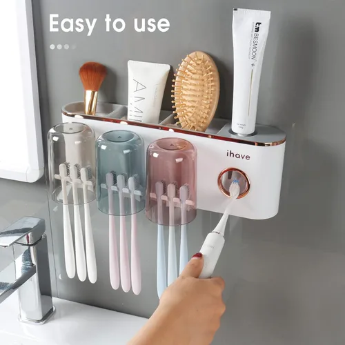 Miniatura 3 de iHave Portacepillos de dientes, accesorios de baño con dispensador de pasta de dientes, 3 tazas, soporte para cepillos de dientes, decoración