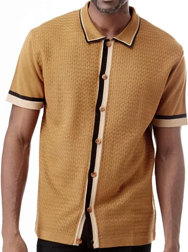 Camisa deportiva de punto de manga corta para hombre, polo moderno clásico vintage jacquard geométrico sólido con punta de color