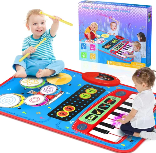 Juguetes musicales 2 en 1 para niños de 1, 2, 3, 4, 5 años, teclado de piano y batería con 2 baquetas, juguetes educativos de aprendizaje musical