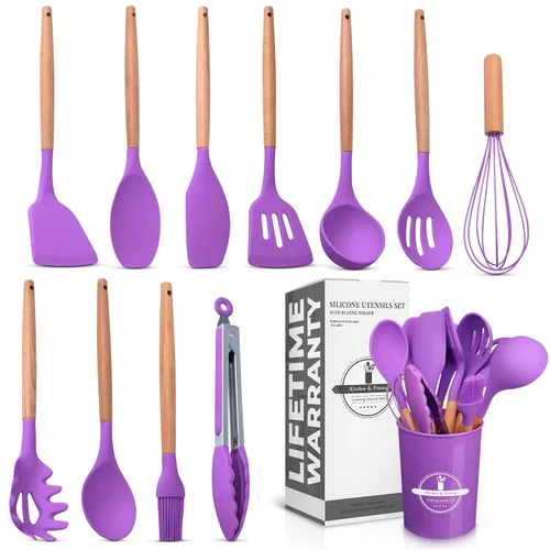 Juego de 12 utensilios de cocina morados con soporte, versátil juego de utensilios de silicona para cocinar y hornear, suave con ollas y sartenes,