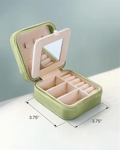 Miniatura 3 de Estuche de viaje para joyas de terciopelo de felpa, caja organizadora pequeña con espejo para mujer, color verde muérdago