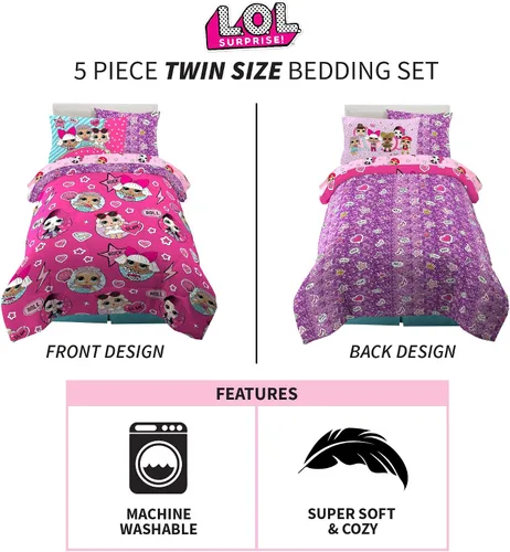 Miniatura 3 de Franco LOL Surprise Bedding Juego de edredón y sábanas súper suaves con funda, 5 piezas tamaño individual LOL Surprise Juego de cortinas