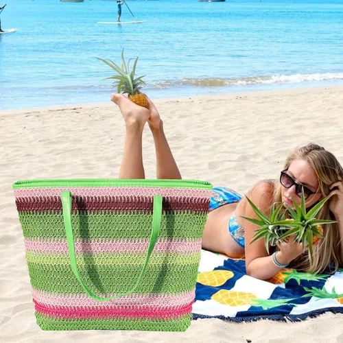 Miniatura 63 de Bolso grande de paja para mujer, tejido de ratán, bolso de playa de verano, a rayas