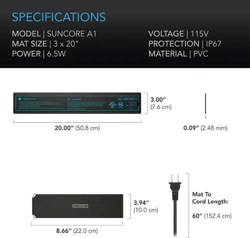 Miniatura 6 de AC Infinity SUNCORE A1, Alfombrilla Térmica Impermeable para Plántulas de 3" x 20", Almohadilla de Calentamiento Certificada MET y UL