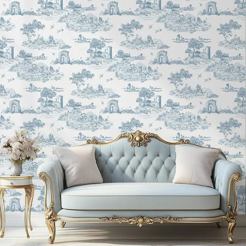 Miniatura 4 de WENMER Toile de Jouy - Papel de contacto Toile de Jouy, papel tapiz azul y blanco, papel adhesivo vintage de país francés para dormitorio, sala