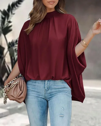Miniatura 111 de BTFBM Blusas de verano para mujer, cuello alto falso, manga murciélago, holgadas, dobladillo alto y bajo, blusas informales de gran
