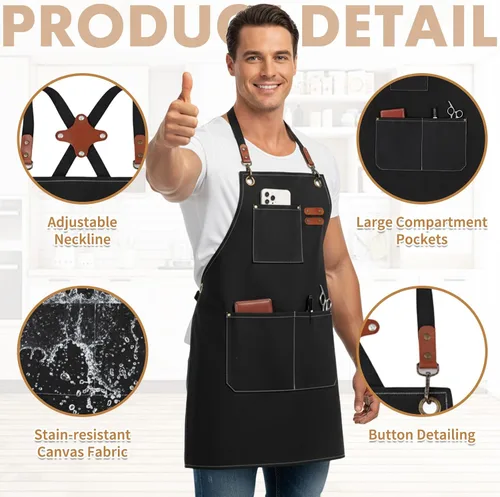 Miniatura 2 de Delantal de chef con bolsillo grande, delantal para carpintería, lona de algodón, correas ajustables, ideal