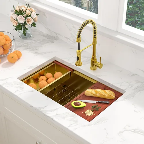 Miniatura 9 de Sarlai Fregadero de cocina empotrado de 30 pulgadas dorado - Fregadero de cocina de 76,2 cm x 45,7 cm con repisa para estación de trabajo de acero