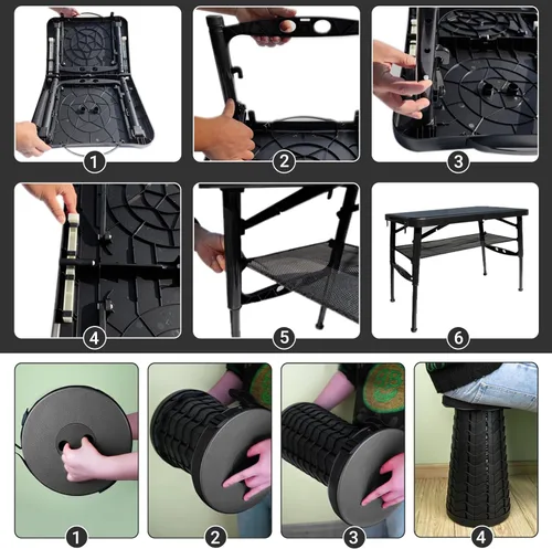 Miniatura 6 de Mesa y Silla Plegable, Pequeña, Negra, Mesa Portátil de 4 Pies para Exteriores, Altura Ajustable, para Acampar, Picnic, Mesa para RV, Capacidad