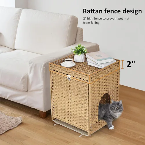 Miniatura 3 de Caja de arena para gatos con alfombrilla de arena suave; muebles ocultos de baño para gatos con puerta; casa de gato de ratán tejida a mano; jaula