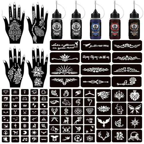 Moricher kit de tatuajes de alheña, kits de tatuajes temporales, 5 conos, 96 plantillas, regalos para arte DIY, fiesta