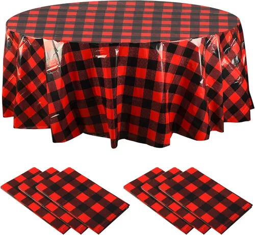Miniatura 18 de Remagr Mantel Desechable de Cuadros Redondo de Plástico Buffalo Plaid Mantel de Mesa de 84'' Cubierta de Mesa Gingham para Picnic Camping BBQ Fiesta