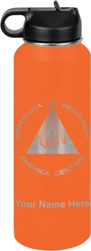 Miniatura 40 de LaserGram Botella de agua personalizada, bandera de Nicaragua, acero inoxidable de doble pared aislada al vacío con popote superior, regalo grabado