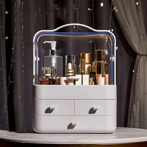 Miniatura 5 de Organizador de maquillaje grande con soporte para pinceles, organizador de cuidado de la piel impermeable y a prueba de polvo con tapa y cajones