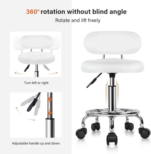 Miniatura 4 de KKTONER - Taburete de cuero sintético moderno con respaldo bajo, altura ajustable, silla giratoria para trabajo, salón, diseño, con reposapiés Blanco