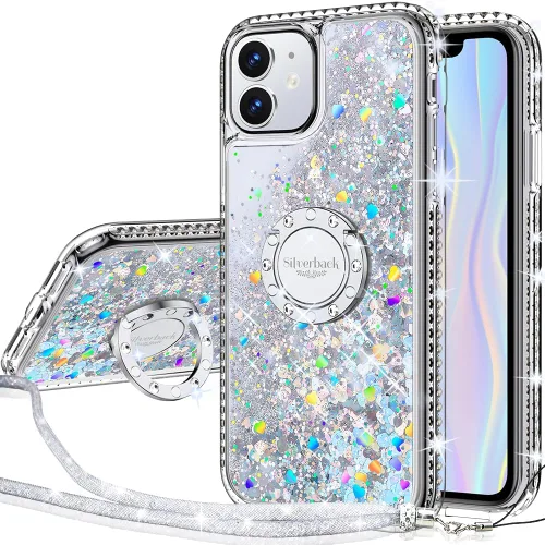 Silverback Funda para iPhone 12, iPhone 12 Pro, funda con purpurina holográfica líquida móvil con soporte, funda protectora con soporte de anillo