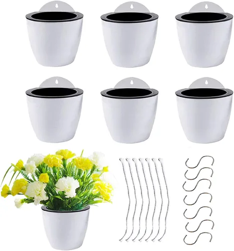 Miniatura 10 de Paquete de 7 macetas de plástico con riego automático para colgar en la pared, tamaño de 7 pulgadas con 7 ganchos de repuesto para plantas, flores