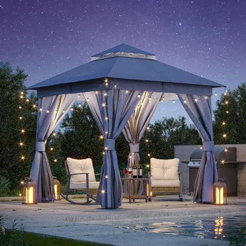 Miniatura 22 de LAUSAINT HOME 8'x8' Outdoor Gazebo, Metal Frame Heavy Duty Patio Canopy Tent Shelter with Double Roofs, Mosquito Nettings and Privacy Screens for