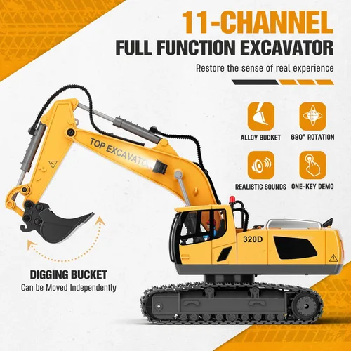 Miniatura 2 de KIDMARKT Excavadora de juguete con control remoto para niños Camión de construcción de metal de 11 canales con luces, 2 baterías de 1200 mAh