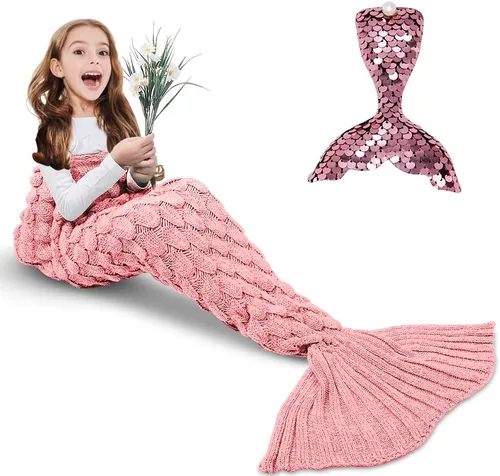 Miniatura 22 de AmyHomie Manta de cola de sirena, manta para niños, saco de dormir de sirena de ganchillo, regalo de sirena para niñas (azul claro, niños)