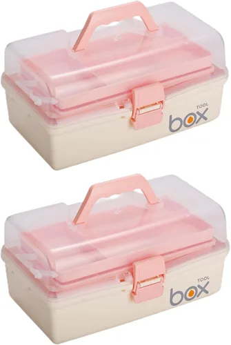 Miniatura 17 de Kinsorcai Caja de almacenamiento de plástico transparente de tres capas de 12 pulgadas con asa, caja de herramientas para manualidades, caja de Rosa