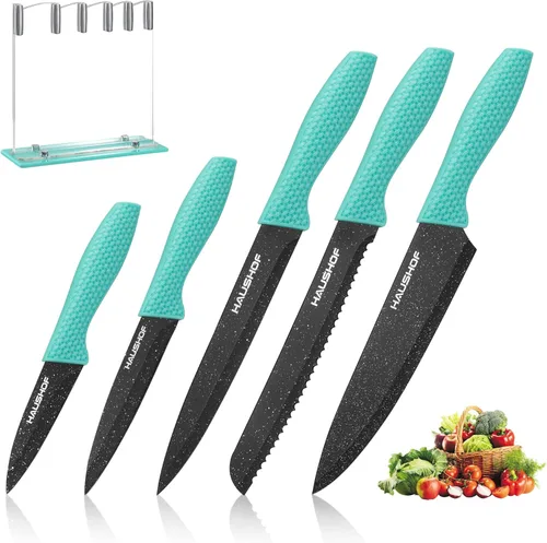 Miniatura 8 de HAUSHOF Juego de cuchillos de cocina, 5 piezas con bloque de acrílico, juego de cuchillos negros con revestimiento de teflón para la cocina, juego