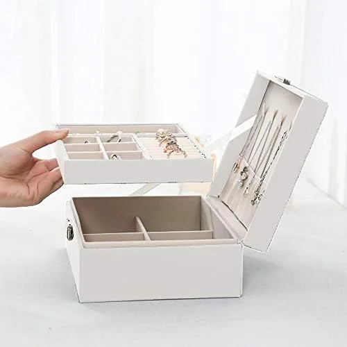 Miniatura 5 de ProttyLife Joyeros para mujer, 2 capas grandes, organizador de joyas para mujer, organizador grande con cerradura para joyería, soporte para aretes