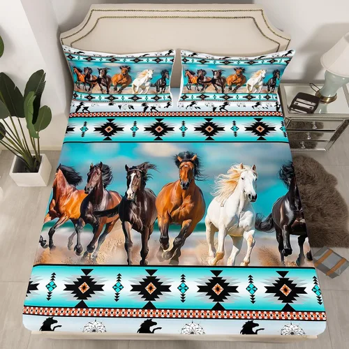 Miniatura 63 de Juego de ropa de cama de estilo bohemio occidental, tamaño individual, diseño de vaca atrapasueños, sábana bajera ajustable del suroeste, tribu