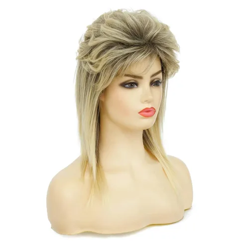 Miniatura 3 de Swiking Pelucas negras de salmonete para mujer, rizado hasta el hombro, pelo esponjoso de los años 70 y 80, Rocker Party Cosplay Pelucas sintéticas