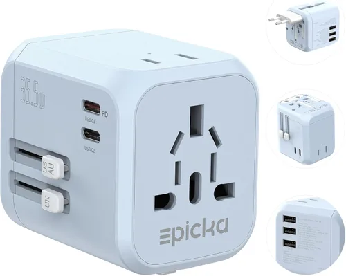 EPICKA Adaptador de viaje universal de 35W con 2 tomas de CA, adaptador de enchufe de viaje europeo con carga rápida PD, adaptador de corriente Azul