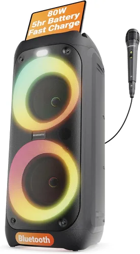 Altavoz portátil Bluetooth para fiesta | Potencia de 80W y batería recargable de hasta 5H | Gran altavoz Bluetooth 2.0 con micrófono con cable |