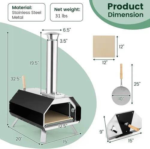 Miniatura 8 de Giantex Horno de pizza al aire libre, parrilla de pellets de madera con piedra de 12 pulgadas, pelar, patas plegables, fabricante portátil de acero