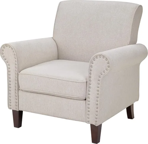 PrimeZone Comfy - Silla decorativa de tela moderna de mediados de siglo, silla de lectura con cojín suave, ribete de cabeza de clavos y reposabrazos