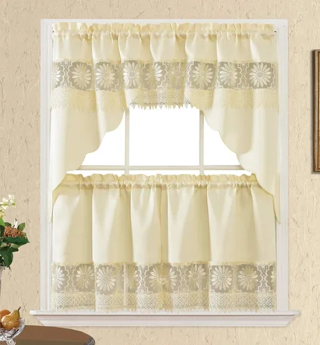 GOHD Daisy Dream. Juego de cortinas de cocina y café para ventanas pequeñas. Tela de satén con bordado de margaritas y encaje del mismo color. Beige