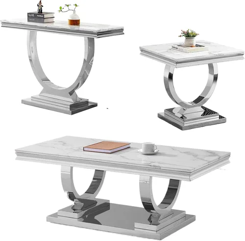 Miniatura 18 de Juego de 2 mesas de café de mármol, juego de mesa de sala de estar de 2 piezas que incluye 1 mesa auxiliar y 1 mesa auxiliar, moderna mesa auxiliar