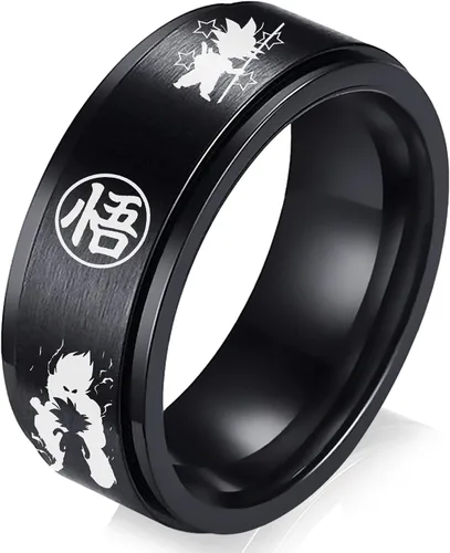 YWDREAM Anillos de anime para hombres, joyería de anime, anillo giratorio de acero inoxidable negro, tamaño 6 a 13, Acero inoxidable, Resina