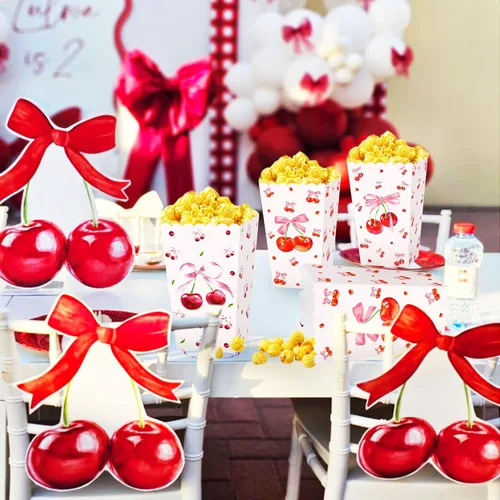 Miniatura 7 de Cajas de palomitas de maíz de cereza rosa, bolsas de regalo de cereza y lazos, 12 unidades, cereza en la parte superior, cajas de dulces, decoración
