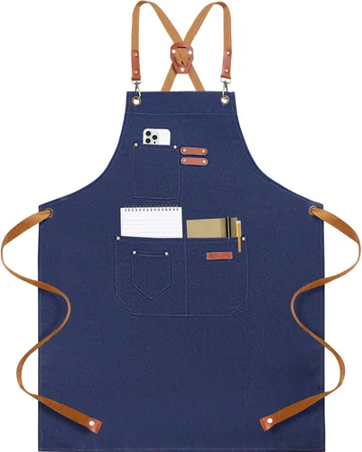 Miniatura 10 de Delantales de chef para hombres y mujeres con 4 bolsillos grandes, lona de algodón con espalda cruzada, delantal ajustable para trabajo, parrilla