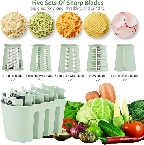 Miniatura 5 de Rallador de queso giratorio con mango: rallador de queso 5 en 1, triturador de queso de manivela con base de succión fuerte, cortador de verduras