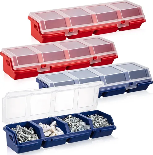 Miniatura 8 de Hushee Caja organizadora de tornillos de 4 piezas con tapa, 4 compartimentos, organizador de piezas pequeñas, de plástico, apilable, tuercas y Azul