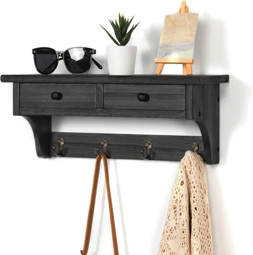 Miniatura 2 de Emfogo - Ganchos de pared de madera con estilo rústico, montados en la pared, con 4 ganchos y estante para entrada, cuarto de servicio, dormitorio