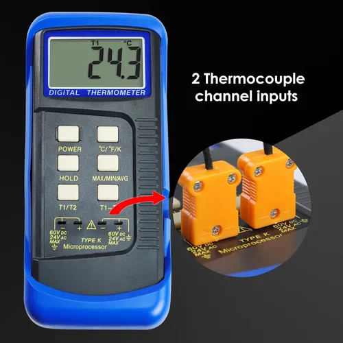 Miniatura 6 de Termómetro de termopar digital tipo K de doble canal Termómetro HVAC Medidor de temperatura con 4 termopares, medición de temperatura MAX/MIN/PROM