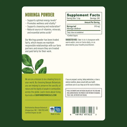 Miniatura 5 de Banyan Botanicals Moringa en polvo orgánico – Moringa Oleifera – Superalimento en polvo y fuente natural de vitaminas y minerales* – 1/2 lb – Vegano