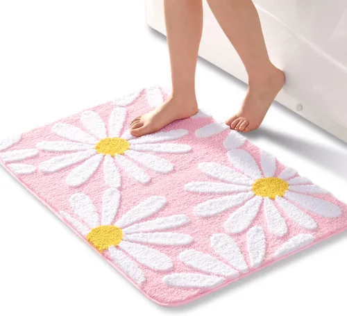 Miniatura 11 de QJHOMO Alfombra de baño azul con diseño de margaritas, decoración de flores blancas y amarillas, alfombra antideslizante de microfibra, súper Azul