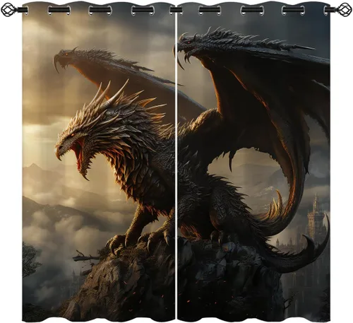 Miniatura 11 de Cortinas opacas con diseño de dragón para decoración del hogar, diseño de animales de fantasía, medievales, con ojales, aislamiento térmico