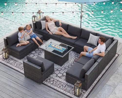 Miniatura 46 de BULEXYARD Juego de 7 piezas de sofá seccional para exteriores con respaldo alto, mesa para fogatas, juego de muebles de patio de mimbre resistente a